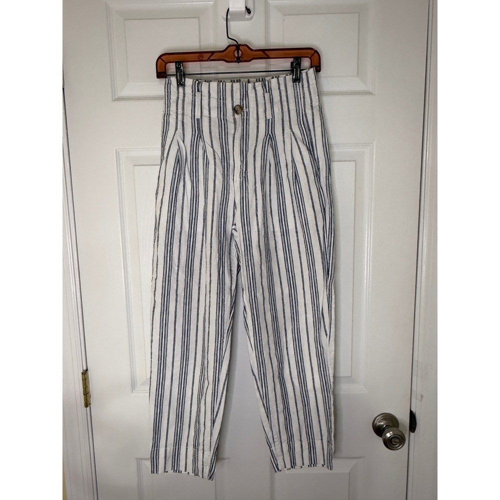 Madewell Pleated Trousers 00 White Navy Blue Striped Nautical High Rise Relaxed